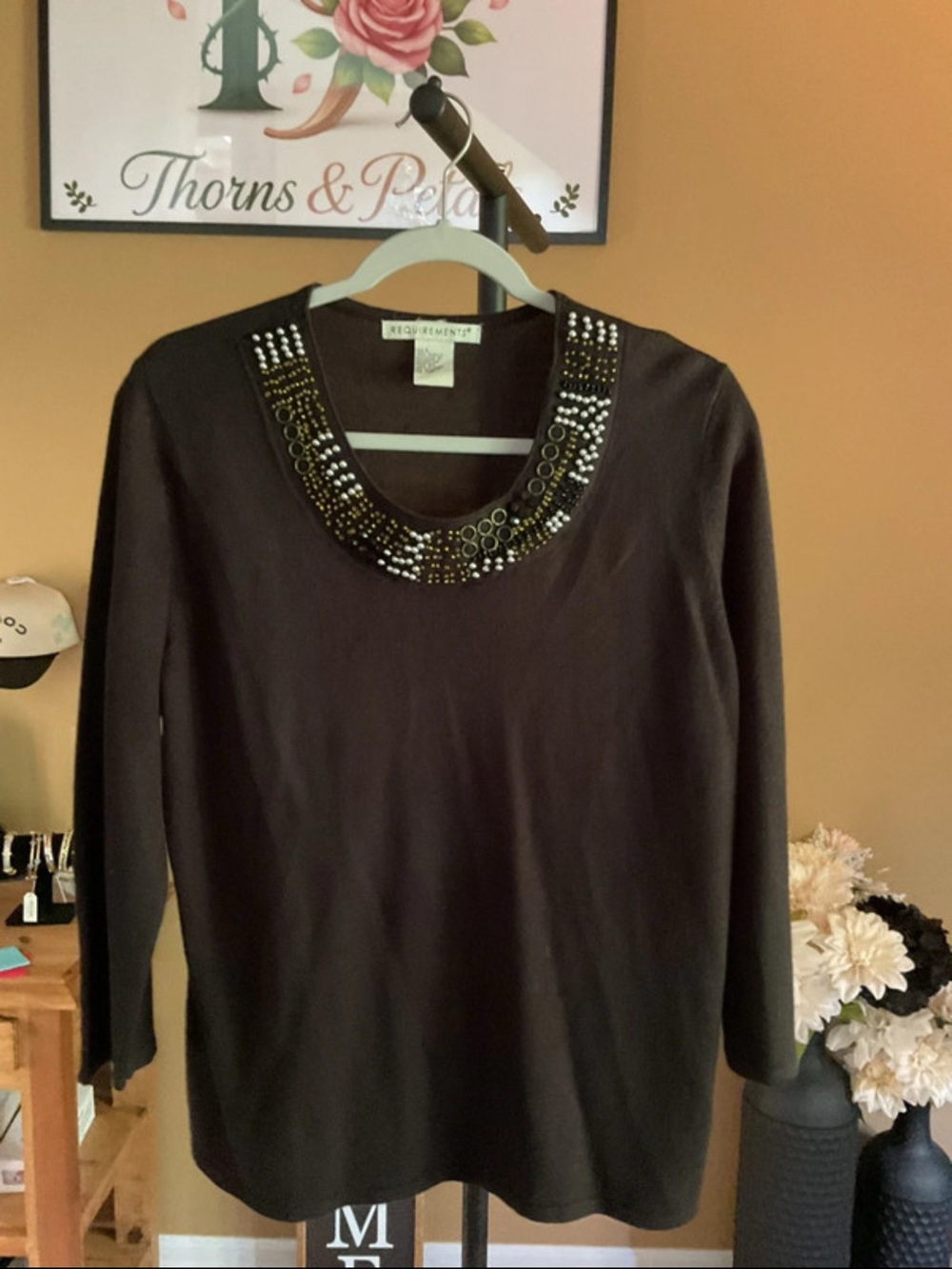 Requirements Black Long-Sleeve Top with Beaded Scoop Neck